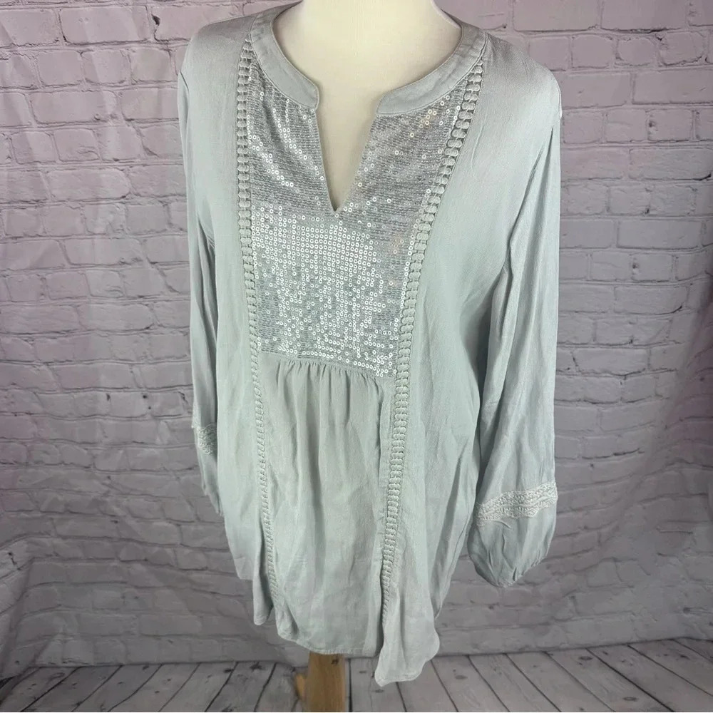 Chico's (2) silver sequin shine tunic blouse women L flowy soft glam festive